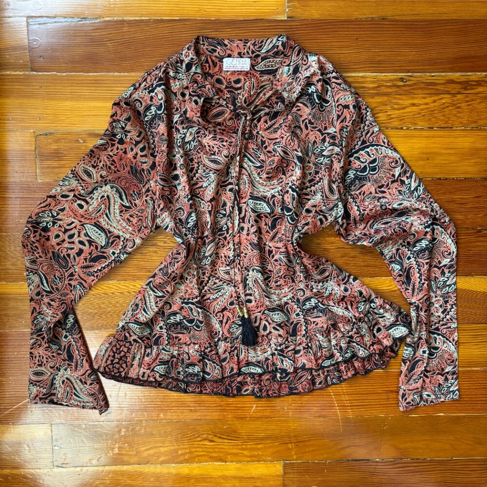 Boho Paisley Silk Blend Long Sleeve Flutter Blouse Tassels by Cienna MEDIUM